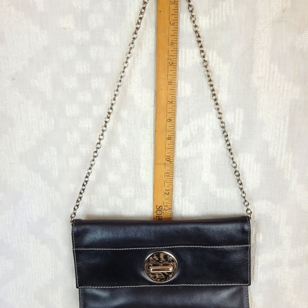 ili New York small black leather envelope clutch silver clasp chain strap edgy - Picture 9 of 9